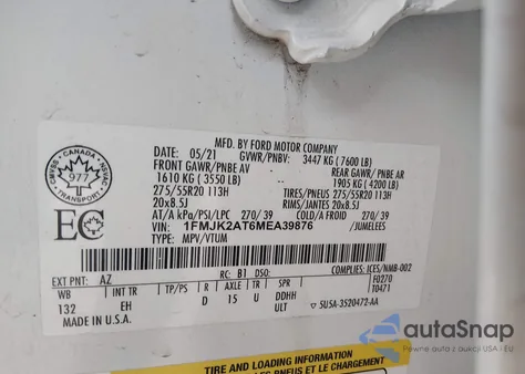 2021 Ford Expedition Max Limited из США, поврежденный, VIN 1FMJK2AT6MEA39876